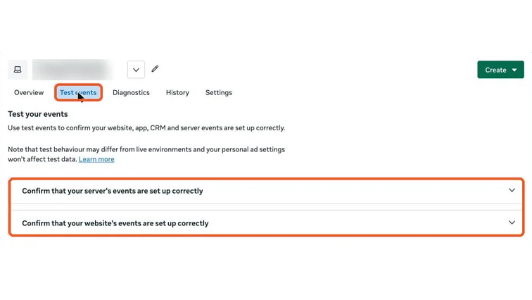 Events Manager Test events tab for checking server and website events