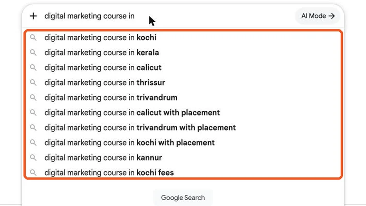 Google autocomplete suggestions for digital marketing course in, showing Kochi, Kerala, Calicut, Trivandrum, with placement and fees