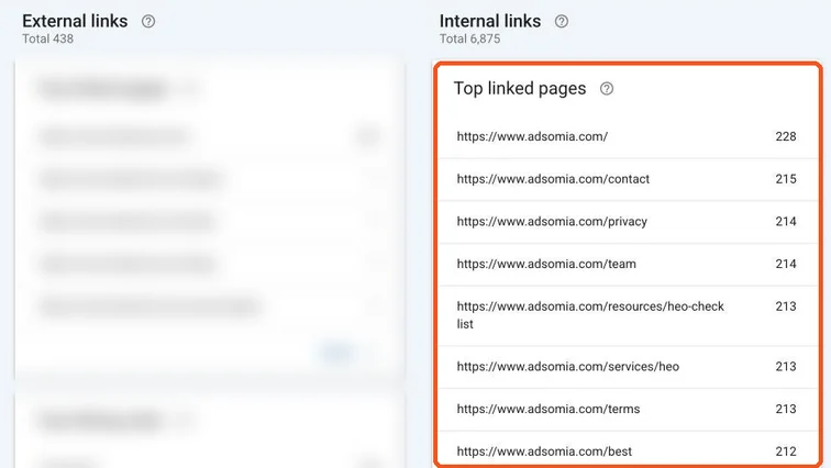 Search Console Links report with internal Top linked pages highlighted; external links blurred