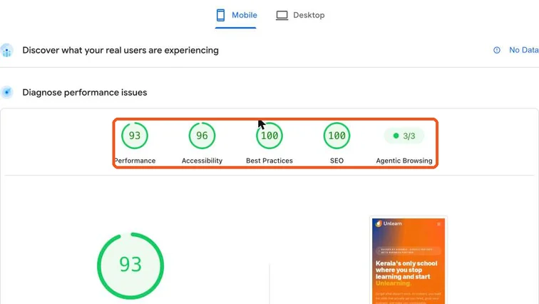 PageSpeed Insights mobile report for unlearnacademy.in showing Performance 93, Accessibility 96, Best Practices 100 and SEO 100