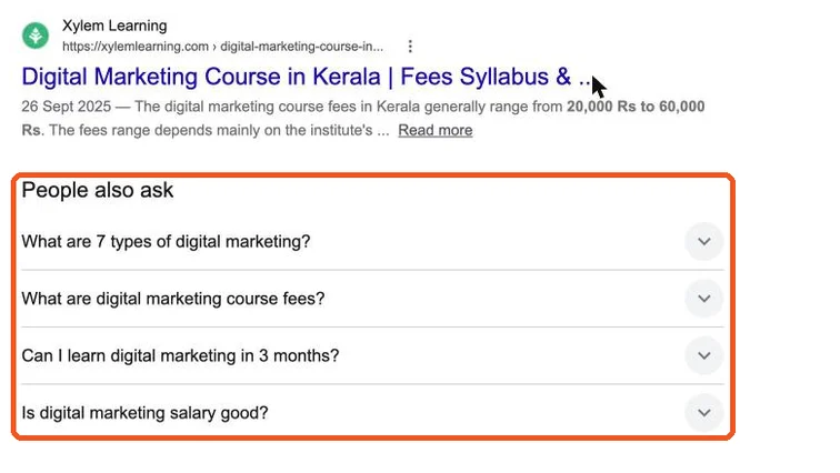 People also ask box with questions about digital marketing course fees, duration and salary