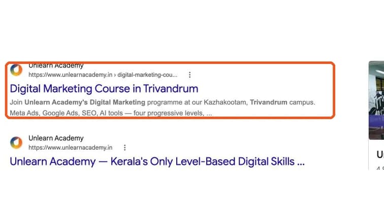 Google search result for Unlearn Academy showing the title Digital Marketing Course in Trivandrum and its description