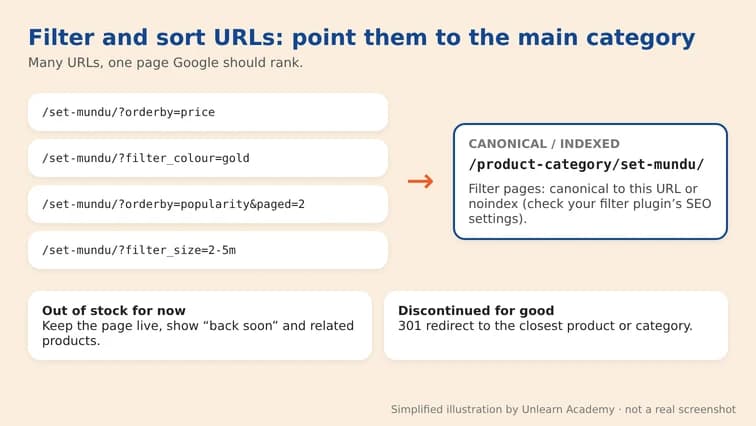 Filter and sort URLs pointing to the main category URL as canonical