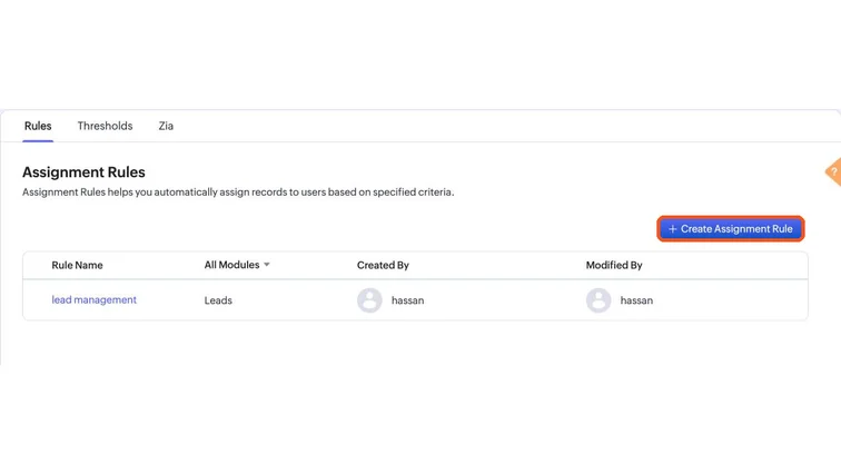 Zoho CRM Assignment Rules with the Create Assignment Rule button