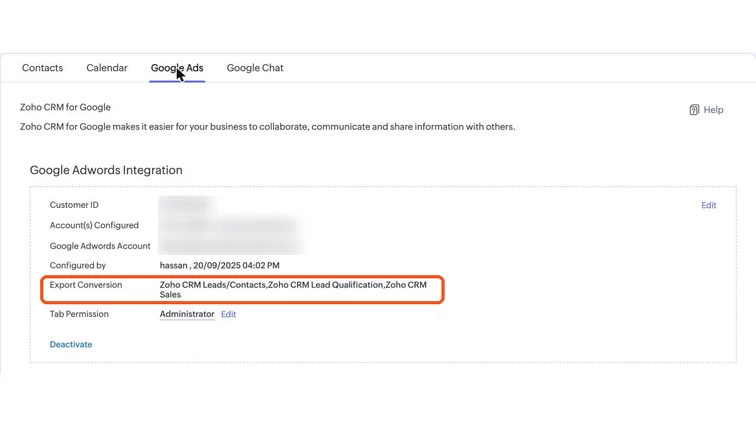 Zoho CRM Google Ads integration showing the conversions it exports: leads, lead qualification and sales