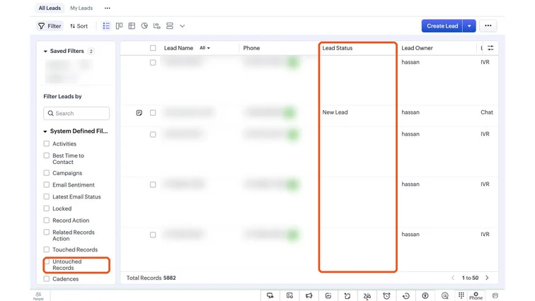 Zoho CRM Leads list with the Lead Status column and the Untouched Records filter