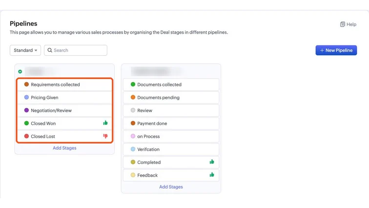 Zoho CRM Pipelines with deal stages from first contact to Closed Won and Closed Lost