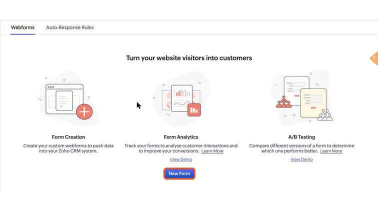 Zoho CRM Webforms page with the New Form button