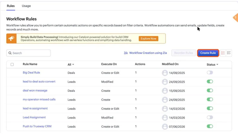 Zoho CRM Workflow Rules list with the Create Rule button